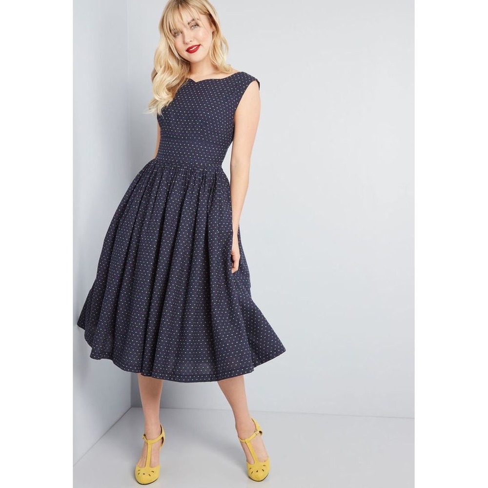 ModCloth Cotton Sleeveless Embroidered Dot Navy Fit Flare Dress Women's Size 14